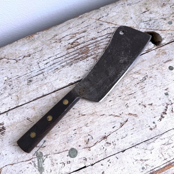 Other - Vintage Carbon Steel Meat Cleaver Butcher Knife Wood Handle Brass Rivets 12 Inch